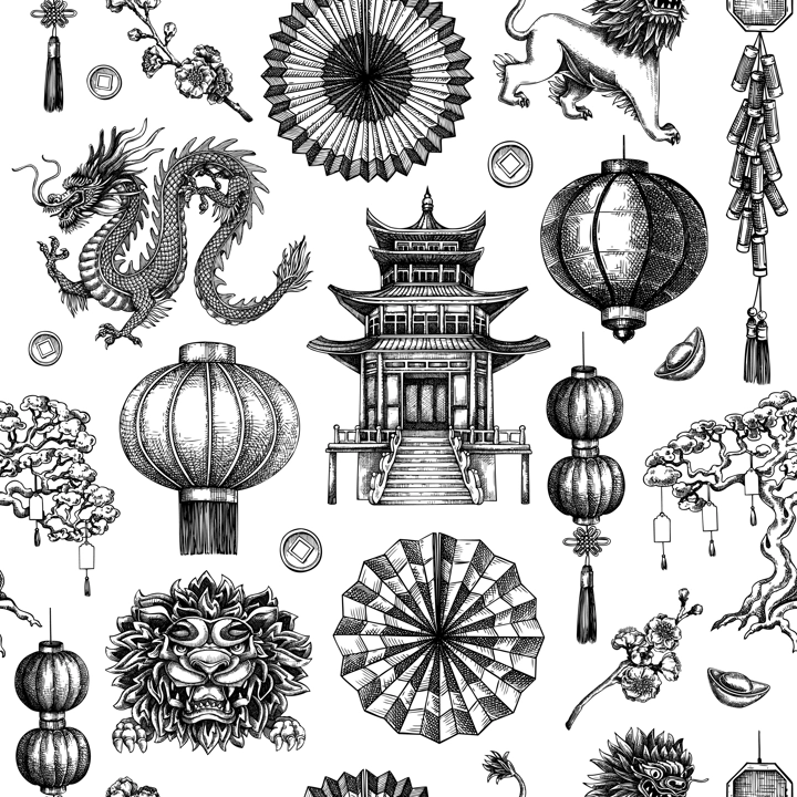 Traditional China seamless pattern. Chinese New Year dbackground. Hand-drawn vector illustrations. NOT AI generated